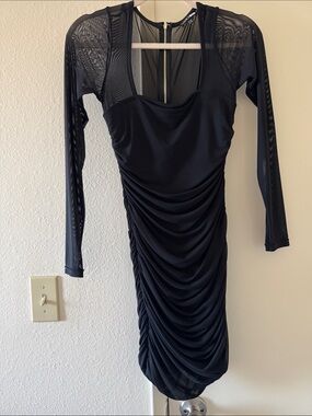 Fashion Nova Black Ruched Mesh Long Sleeve Midi Dress